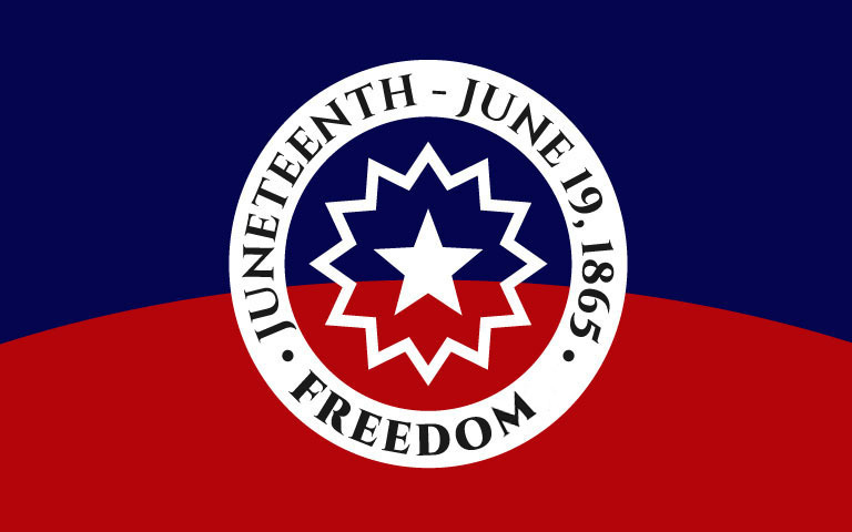 Juneteenth flag background that reads Juneteenth - June 19, 1865 - Freedom